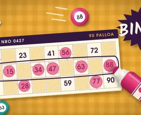 Sinapinkeltaisella ruutuliinalla lepää 90 pallon bingolippu, jonka keskimmäisen rivin kaikki numerot on merkitty pinkillä bingotussilla ja ympyröity, kun juuri arvottu pallo 88 vierii pöydälle ja tähtikuviossa lukee ”BINGO!”.